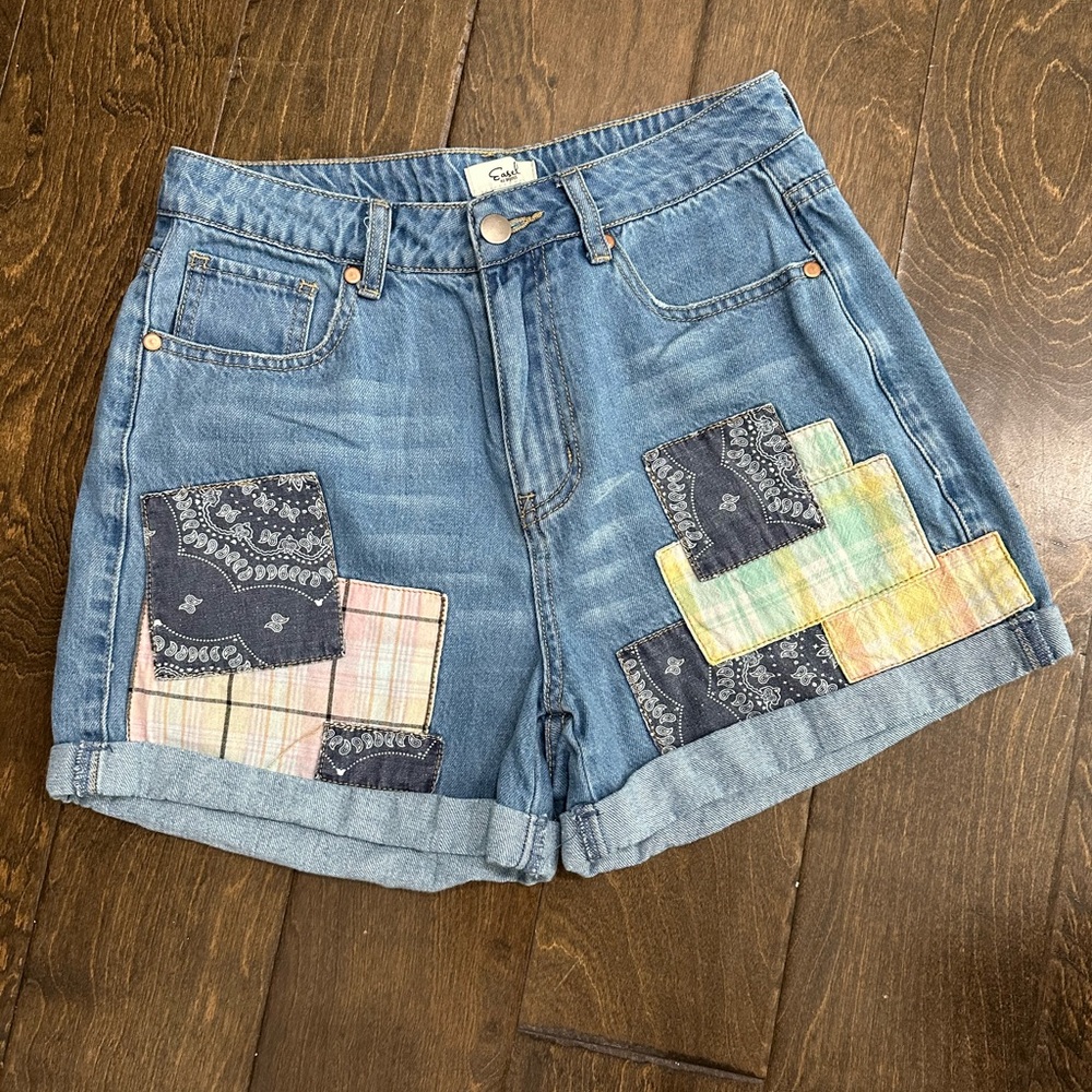 Easel Blue Patchwork Jean Shorts